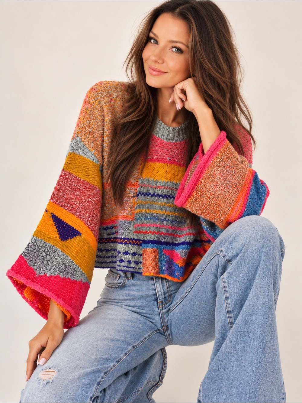 moon & madison Multi-Color Striped Bell-Sleeve Knit Sweater